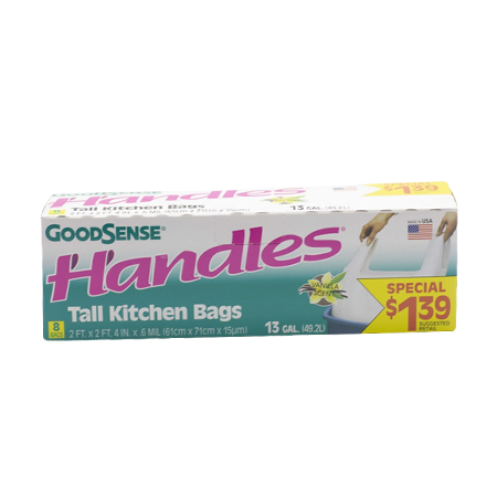Handles 13 Gallon size tall kitchen trash bags 8 CT GoodSense